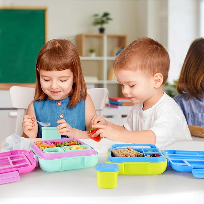 Caperci Bento Lunch Box for Kids - Large 4.8 Cups Lunch Container with 2 Modular Containers - 4 Compartments, Leak-Proof, Portable Handle, Microwave/Dishwasher Safe (Blue/Juicy Pear)