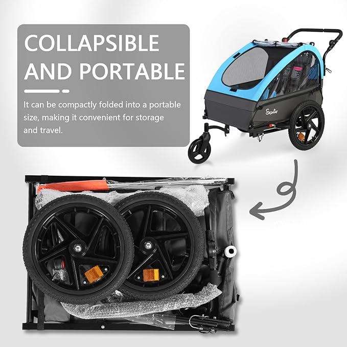 Sepnine Kids Bike Trailer, 2 in1 Canopy Carrier Converts to Stroller Suitable for 1 to 2 Kids, 12+ Months, Quick Attach to Bike, Foldable, with 5-Point Harness and Storage Bags