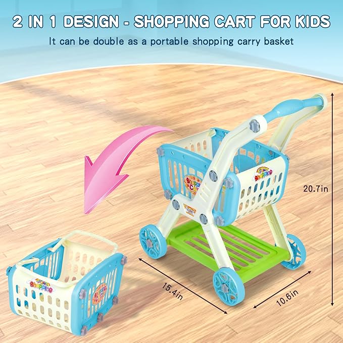 Kids Shopping Cart - 2 in 1 Toy Shopping Cart with Play Food Fruit Vegetable Dessert and Shop Accessories, 72pcs Pretend Play Grocery Store Toy Kitchen Game Trolley Play Set for Kids (Blue)