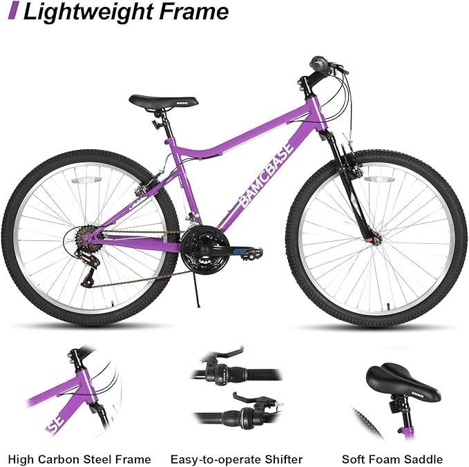 HILAND 26 Inch Womens and Mens Mountain Bike, 18 Speed Steel Frame Adult Bicycle, MTB Bikes with Suspension Fork, V Brake, Mountain Bicycle for Woman Man, Purple Green White