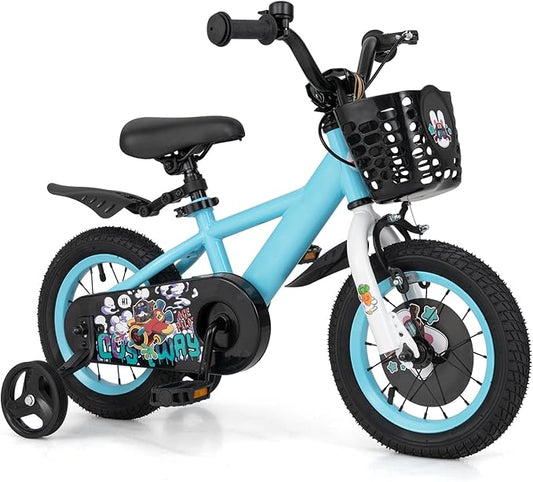 BABY JOY Rabbit Pilot Sporty Kids Bike, 12 14 16 18 Inch Child Bike for 3-8 Years Old with Adjustable Height, Training Wheels, Storage Basket, Handbrake & Coaster Brake, Kids Bicycle for Girls Boys