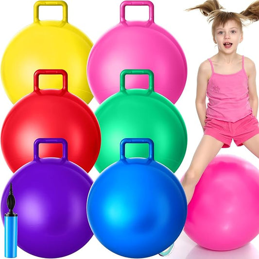 Lewtemi 6 Pcs Hopper Ball Carnival Outdoor Games 22 Inch Jumping Hopping Inflatable Bouncing Ball with Handle and Air Pump for Kids Sport Exercise(Red, Blue, Green, Pink, Yellow, Purple)