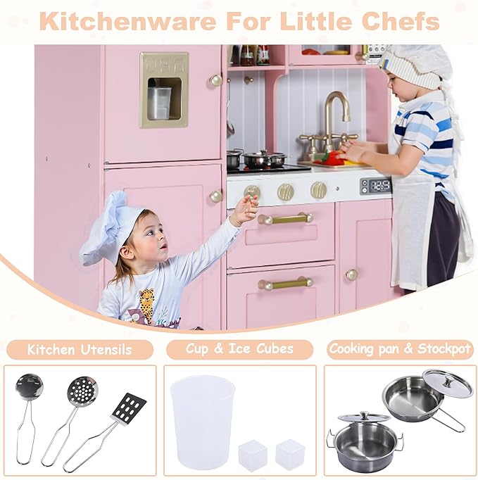 Play Kitchen for Kids, Wooden Kids Kitchen Playset with Realistic Sounds, Children Pretend Toy Kitchen Playset w/Stove, Oven & Ice Maker, Little Chef Play Kitchen for Girls and Boys, Pink