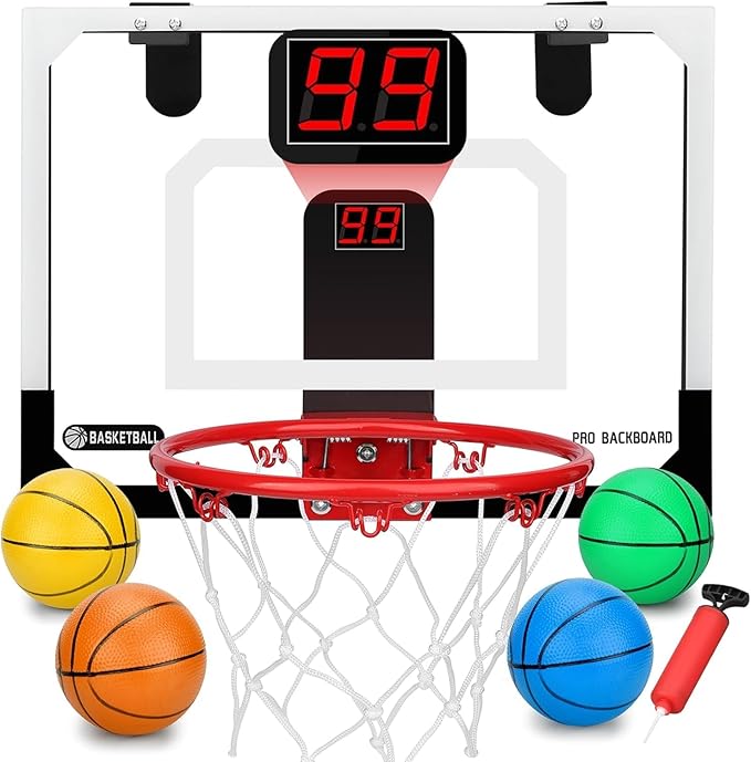 Mini Basketball Hoop Set for Kids Adults, Indoor Play Wall Mount Basketball Hoop for Door with 4 Small Replacement Toddler Basketballs, ABS Backboard Metal Rim Goal Sport Gifts for Pool Game Fun