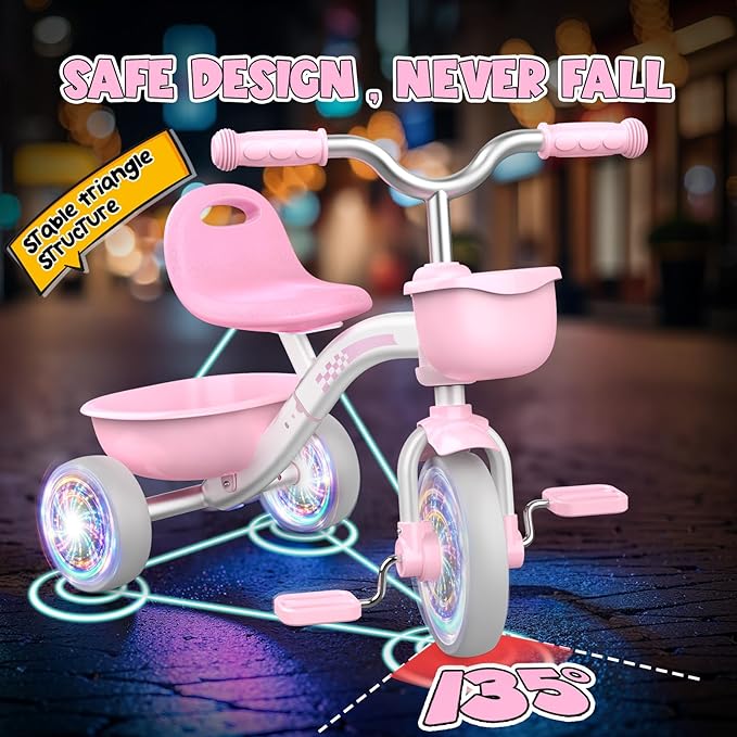 Toddler Tricycle for 1-3 3-4 Year Olds, Toddler Toys Baby Bike, Toys for Ages 2-4, 3-Level Adjustable Seat, 3 Colorful Lighting Wheels, 2 3 4 Year Old Girl Birthday Gifts Pink