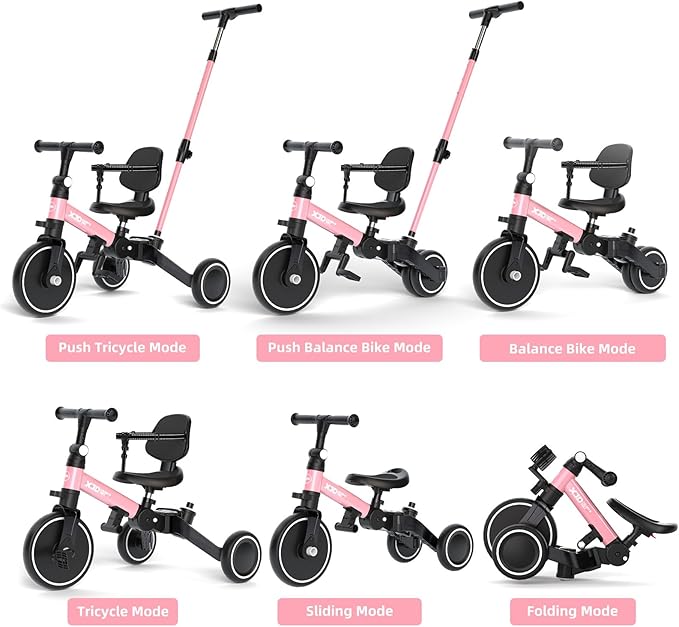 XJD Toddler Bike, 6 in 1 Folding Toddler Tricycle for 1-4 Year Old with Parental Control Handle, Balance Bike with Removable Pedal, Backrest, Adjustable Seat and Handle, First Birthday Gifts (Pink)