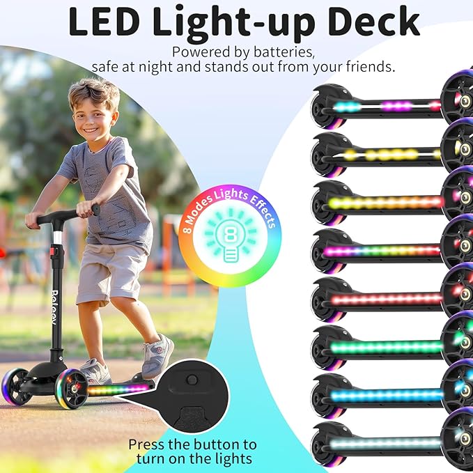 BELEEV A9 Kids Scooter with LED Light-Up Wheels & Deck, 3 Wheel Folding Scooter for Toddlers Girls Boys Ages 3-12, Adjustable Handlebar, Lean to Steer, Extra-Wide Wheels, Kick Scooter for Children
