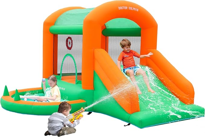 Doctor Dolphin Inflatable Bounce House Kids Bouncy Castle with Party Light for Indoor or Outdoor