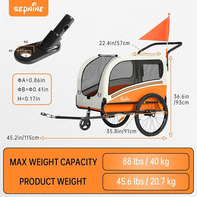 Sepnine Dog Bike Trailer, Supports up to 88 lbs, 2-in-1 Pet Stroller Cart Bicycle Carrier, Easy Folding Cart Frame with Quick Release Wheels, Universal Bicycle Coupler, Non-Slip Floor, Internal Leash