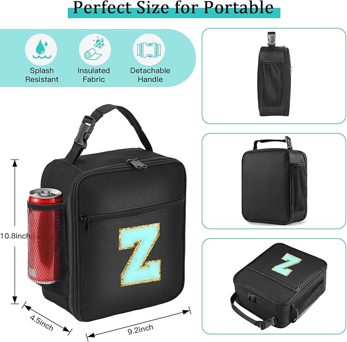 Initial Insulated Lunch Bag, Lunch Box with Initial Letter Patch for Teen Adult, Reusable Lunch Bag for Men Women, Ideal Back to School Gift Birthday Gift, Blue Z