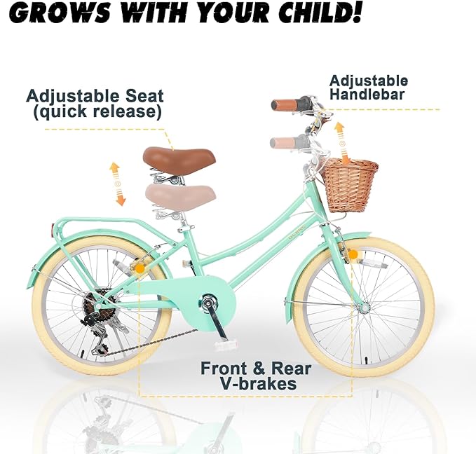 Glerc 20 24 26 Inch Beach Cruiser Bike, 6-Speed Hybrid City Bicycle for Girls Youth and Over 6 Years Old, Missy Bike with Wicker Basket & Lightweight, Multiple Colors