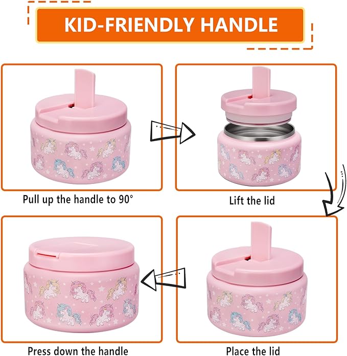13.5oz Kids Soup Jar for Hot Food Vacuum Insulated Food Jar with Buckle Lid, Stainless Steel Wide Mouth Leak Proof Lunch Container for School Picnic Travel (Unicorn Pink)