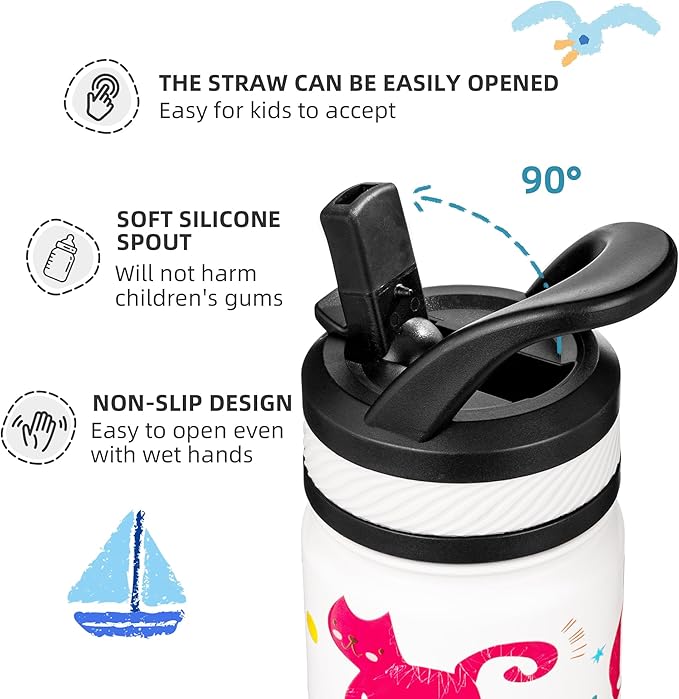 Fanhaw 14 Oz Kids Insulated Water Bottle with Straw - Stainless Steel Double Wall Vacuum Cup, Leakproof, BPA Free, Suitable for Boys and Girls(White - Cats)