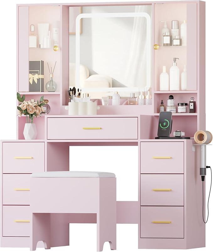 Pink Makeup Vanity Desk with Mirror & Lights, Modern Vanity Table with Charging Station, 7 Drawers, Glass Cabinet, Shelves & Cushioned Stool, Bedroom Dressing Table Set for Women & Girls