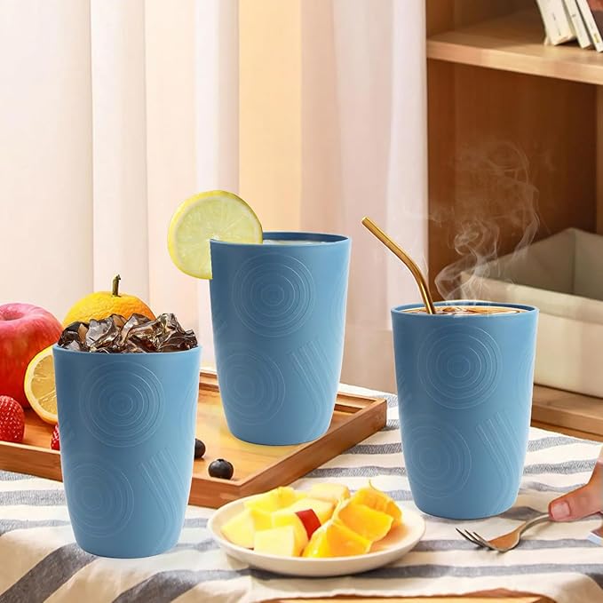 Drinking Glasses Wheat Straw Cups Alternative to Plastic Cups 16 OZ - Unbreakable Cup Set of 6 Reusable Drinking Cup Plastic Glasses Tumbler Dishwasher Safe Cups for Kitchen - Blue