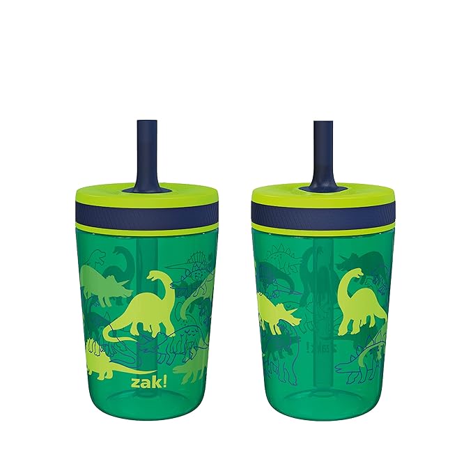 Zak Designs Kelso 15 oz Tumbler Set, (Dino Camo) Leak-Proof Screw-On Lid with Straw Made of Durable Plastic and Silicone, Perfect Cup Bundle for Kids (2pc Set)