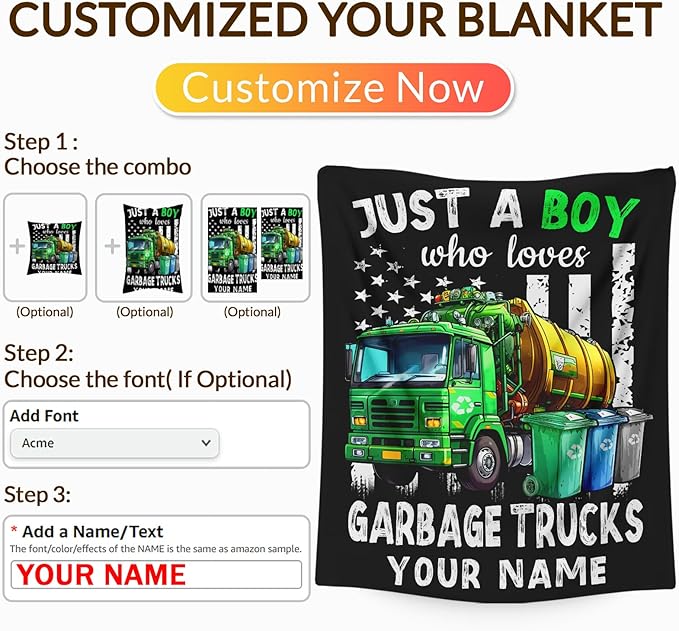 Custom Garbage Truck Blanket for Boys, Cute Throw Blanket Gifts for Kids Truck Lovers, Personalized 50x60 Inches Black Soft Fuzzy Blankets for Sofa Couch Bed Travel