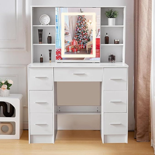Large Vanity Set with LED Strip Light, Vanity Desk with Mirror and Lights, 7 Drawers Makeup Table with 6 Oppen Cabinets and 3 Hidden Shelves, Dressing Table for Girls