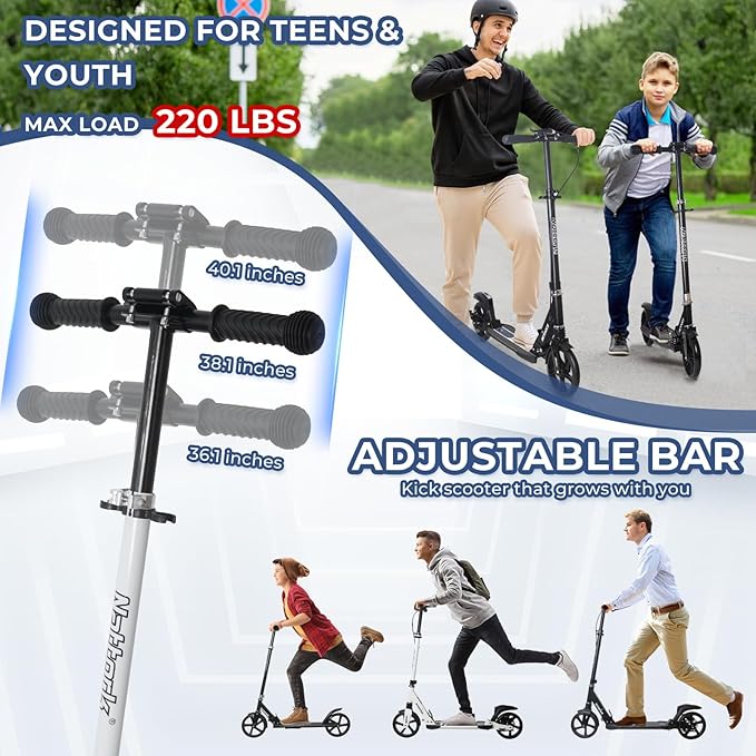 Nattork Scooter for Kids Age 6+, Teens and Adults- Adjustable Height Folding Kick Scooter with Large Sturdy Wheels for a Smooth Ride, Lightweight, Anti-Shock Suspension for Boys and Girls