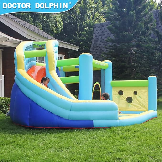 Doctor Dolphin Water Bounce House Inflatable Water Slide Park for Kids Backyard Summer Outdoor Fun with Water Gun Climbing Wall Splash Pool