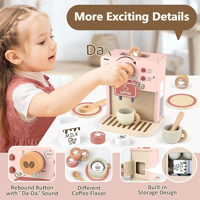 Airlab Kids Coffee Playset Toy Coffee Maker Set for Toddler Wooden Kitchen Accessories Pretend Play for Girls Boys Ages Birthday Gifts Pink