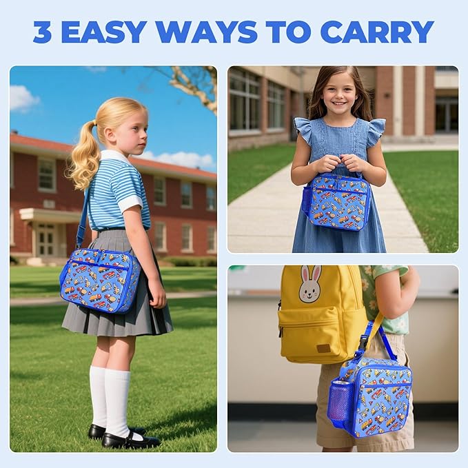 Kids Lunch Box Kids Lunch Bag for Girls Boys, Insulated Lunch Bag for Men with Shoulder Strap, Small Lunchbox for Girls School Travel Picnic (Blue, Car)