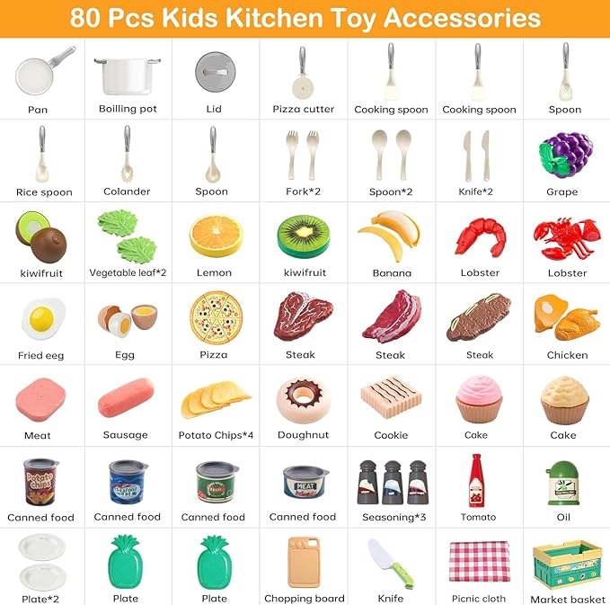 80Pcs Kitchen Playset, Toddler Pretend Cooking with Pots, Pans, Cookware, Food, Picnic Blanket, Fruits, Veges, Shopping Storage Basket, Dessert , Learning Gift for Girls Boys (White)