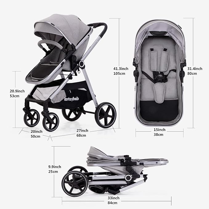 2-in-1 Baby Stroller - Folding Infant Newborn Pram Stroller with Reversible Seat - Toddler Strollers for 0-36 Months Old Babies (Grey)