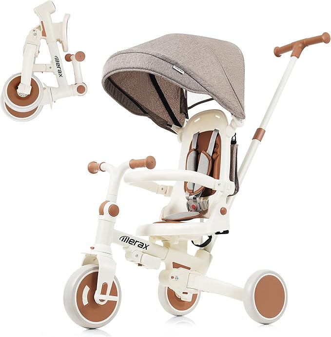 Merax 7-in-1 Foldable Toddler Tricycle Removable Pedal, Canopy and Guardrail Adjustable Push Handle