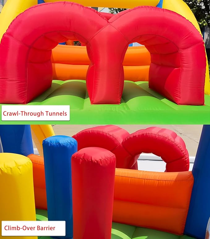 HuaKastro 16.3x7.2FT Kids Inflatable Obstacle Bounce House with Dual Racing Slides, Crawl Tunnels, Climbing, Obstacles, Jumping All in One Castle Great for Children's Outdoor Party - with Blower