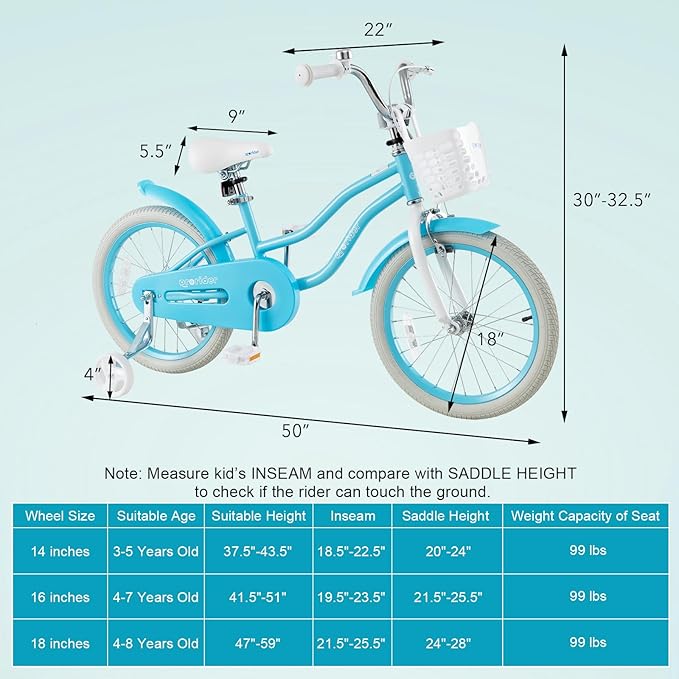 BABY JOY Kids Bike, 12 14 16 18 20 Inch Boys Girls Bike w/Adjustable Seat, Removable Basket, Handbrake & Coaster Brake, Training Wheels or Kickstand, Kids Bicycle with Multi-Color