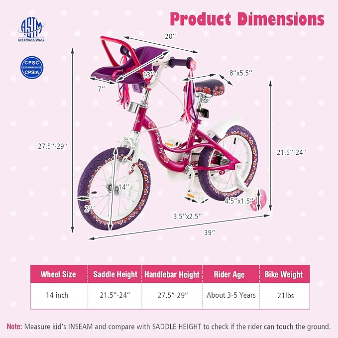 BABY JOY Kids Bike, 12 14 16 18 Inch Children Bicycle w/Detachable Training Wheels, Storage Basket, Adjustable Seat & Handlebar, Bow or Streamer, Girls Bike for 3-8 Years Old