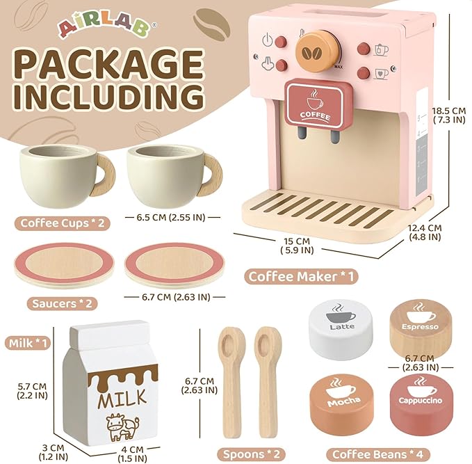 Airlab Kids Coffee Playset Toy Coffee Maker Set for Toddler Wooden Kitchen Accessories Pretend Play for Girls Boys Ages Birthday Gifts Pink