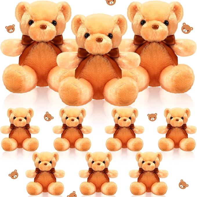 Skylety 10 Pieces Bears Bulk Stuffed Animals Soft Plush Toy Gift Bears with Ribbon Bow for Boys Girls Birthday Wedding Baby Shower Party Favor(Brown)