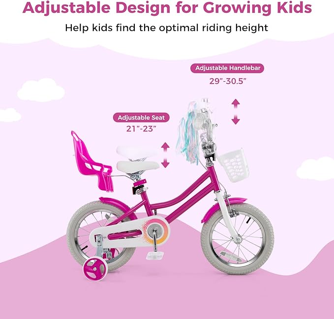 BABY JOY Kids Bike, 12 14 16 18 Inch Children Bicycle w/Detachable Training Wheels, Storage Basket, Adjustable Seat & Handlebar, Bow or Streamer, Girls Bike for 3-8 Years Old