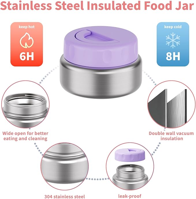 Bento Box for Kids with Thermo Food Container (9oz), 4-Compartment Lunch Box, Adjustable Divider, Leakproof Bento Lunch Box, Includes Utensils & Carry Bag for School, Office(Purple)