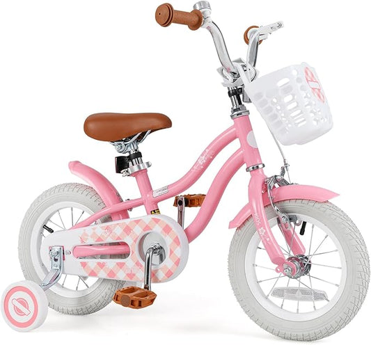 BABY JOY Kids Bike, 12 14 16 18 20 Inch Boys Girls Bike w/Adjustable Seat, Removable Basket, Handbrake & Coaster Brake, Training Wheels or Kickstand, Kids Bicycle with Multi-Color