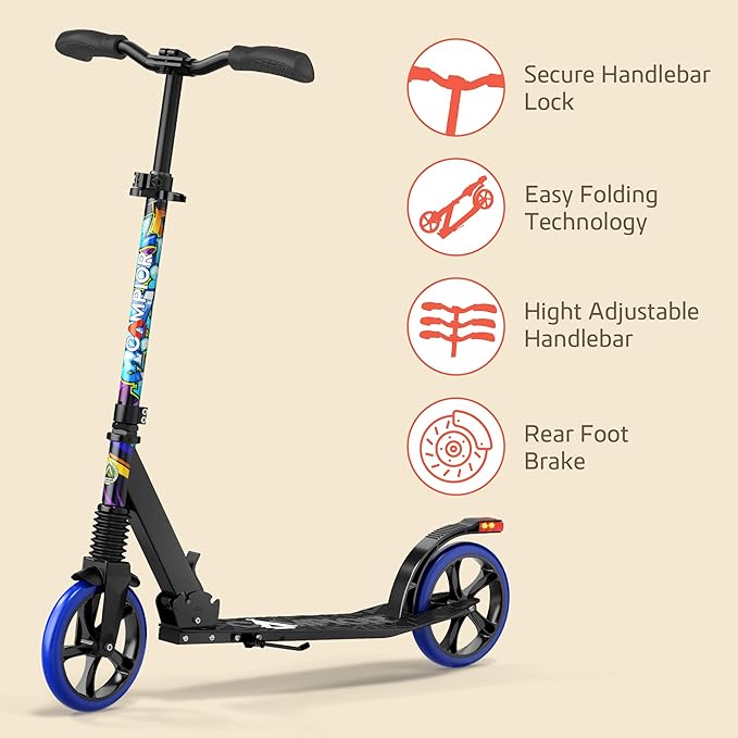 Kick Scooter for Ages 6+, for Kids, Teens, and Adults, Max Load 240 LBS, Foldable, 8-inch Big Wheels for Kids and Adults, with Kickstand, 3 Adjustable Levels, Child Safety Approved, Graffiti