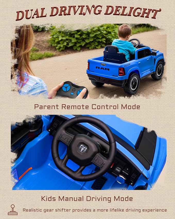 First Ride On 12V Kids Electric Vehicles, Licensed Ram 1500 RHO Kids Ride on Truck with Remote Control, Ride on Car for Children with Smooth Start, Truck Bed Storage, Bluetooth, Aux Port (Blue)