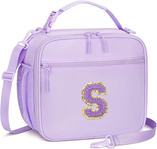 Kids Initial Lunch Bag, Reusable Insulated Lunch Box for Girls Toddlers, Back to School Gift, Leak-proof Cooler Bag for School Daycare Travel Picnic, Purple-S