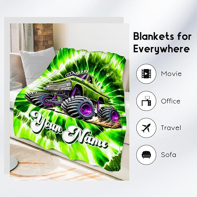 UNIKITTY Boys Blanket Gifts, Personalized Truck Blanket for Kids, Tie Dye Fuzzy Throw for Truck Lovers, Custom Throw with Name (4 Sizes)