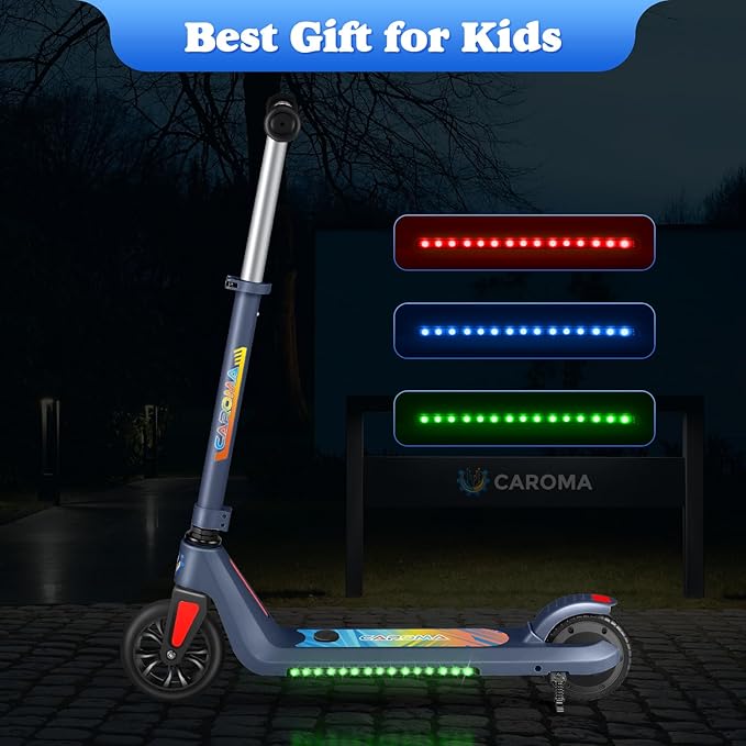 Caroma Electric Scooter for Kids Ages 6-14, 180W/150W Motor & 10 Mph, 85 Mins Ride Time, Adjustable Height & Speed, LED Display & Colorful Lights, Kids Electric Scooter, Best Gifts for Girls and Boy