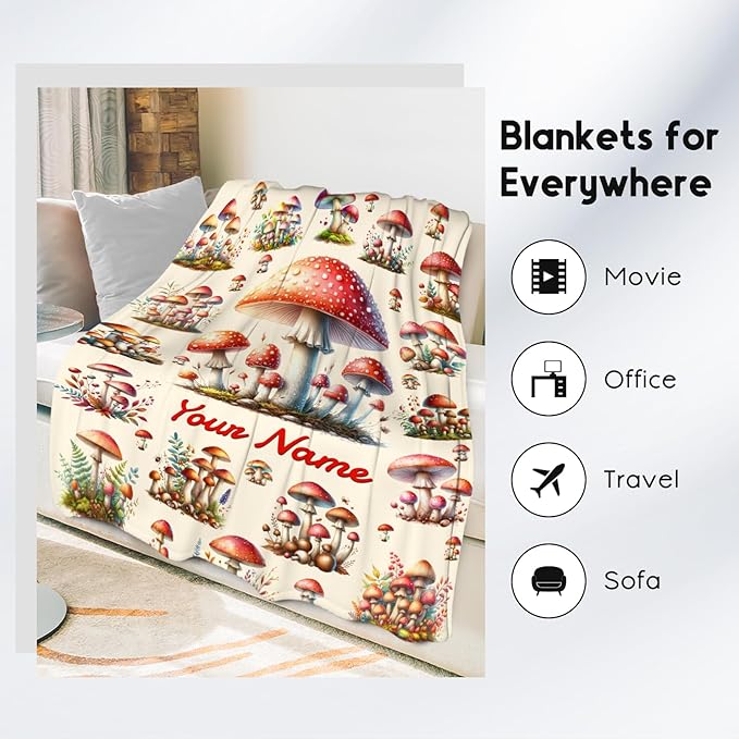 Kids Blankets Gifts Mushroom Blanket for Girls, Personalized Mushroom Gifts, 60"x80" Custom Cozy Fleece Throw for Girls Women Adults