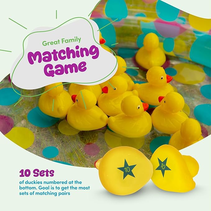 Gamie Duck Pond Matching Carnival Game for Kids, 36" x 6" Inflatable Pool & 20 Plastic Ducks with Numbers, Water Outdoor Game for Kids, Fun Memory Game for Backyard, Birthday Party Field Day Games