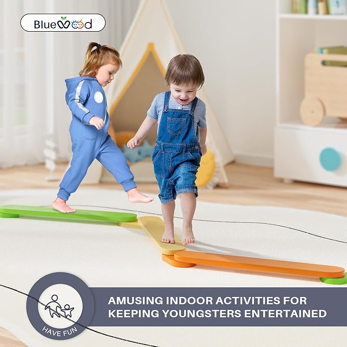 BlueWood Balance Beam for Kids 3-5, Toddler Sensory Wooden Toys and Stepping Stones, Build Coordination Gymnastics Obstacle Motor Skill for Kid