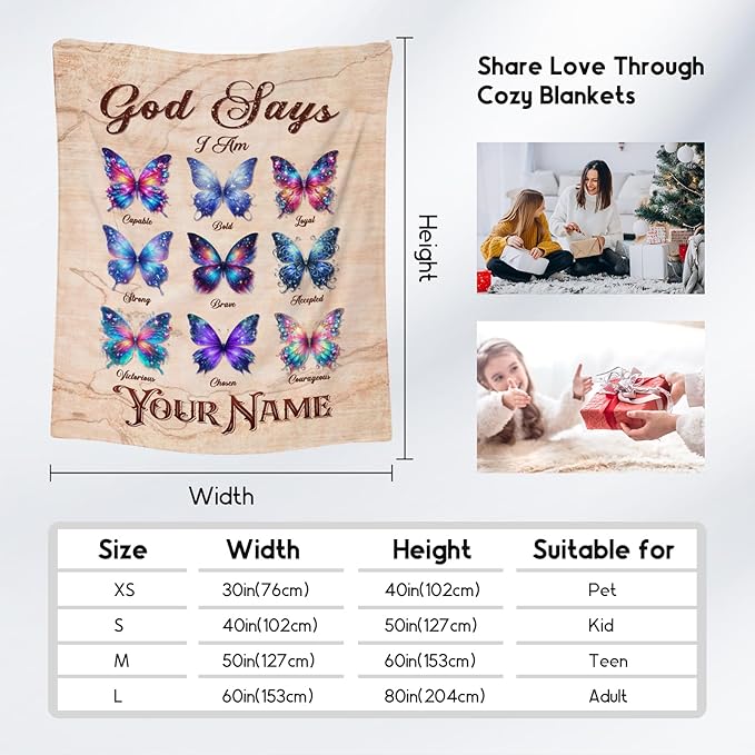Personalized Butterfly Blanket with Name for Women, Girls & Kids - God Says I Am Fleece Fuzzy Throw for Living Room - Inspirational Gifts for Her & Daughter, 60"x80"