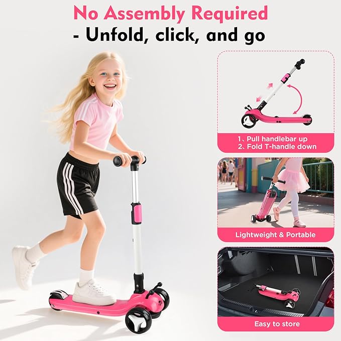 3 Wheel Electric Scooter for Kids Ages 3-12, w/Full Body Lights Up, DIY Stickers, 3 Adjustable Heights, 5Mph Safe Speed, 90min Riding, BLISSRIDE Foldable Kids Electric Scooter for Boys & Girls