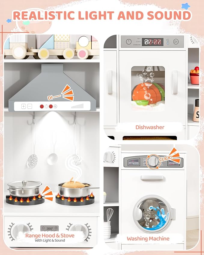 MAMIZO Wooden Corner Play Kitchen, Large Ultimate Interactive Toddler Pretend Kids Kitchen Playset with Blackboard, Stove & Range Hood w/Light & Sound, Ice Maker, Washing Machine, 6 Toy Set (White)