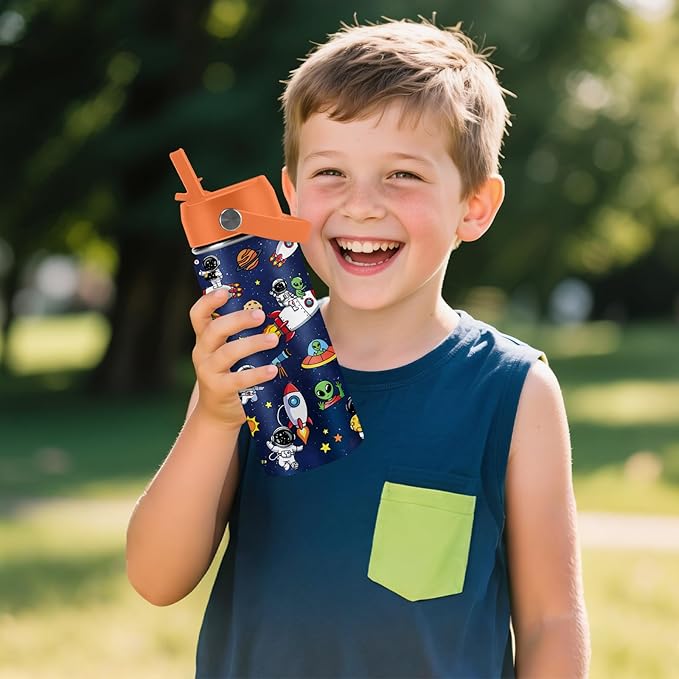 Space Astronomy Gifts for Kids - 16 Oz Kids Water Bottle with Straw Lid, Stainless Steel Insulated Tumbler, Leak Proof, BPA-Free, for Boys, School, Travel - Universe Children Birthday Gifts Cups(1pc)