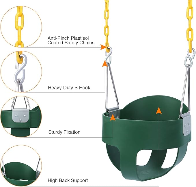 RedSwing High Back Full Bucket Swing with Heavy Duty Swing Seat Combo Pack (Triangle and Chain Dip), Tree Straps Included